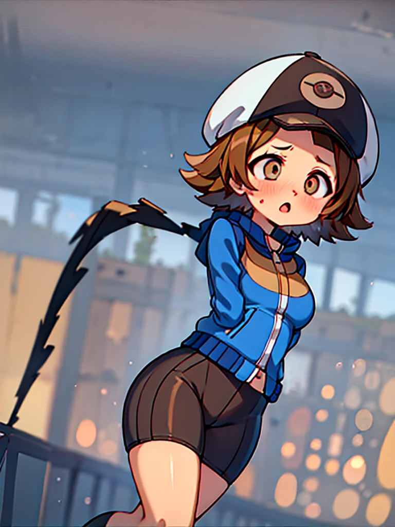 ((masterpiece, best quality)), 1girl, Hilbert (\pokemon\), medium breasts, black pants, brown hair, jacket, (blue jacket), brown eyes, baseball cap, short hair, wide eyes, round eyes, thick thighs, :O, O_O, flustered, ((scared)), shocked, ((wide eyed)), android, short hair, (big eyes:1.5), blush, smoke, android, mechanical parts, sparks, ((cross-eyed)), ((constricted pupils)),