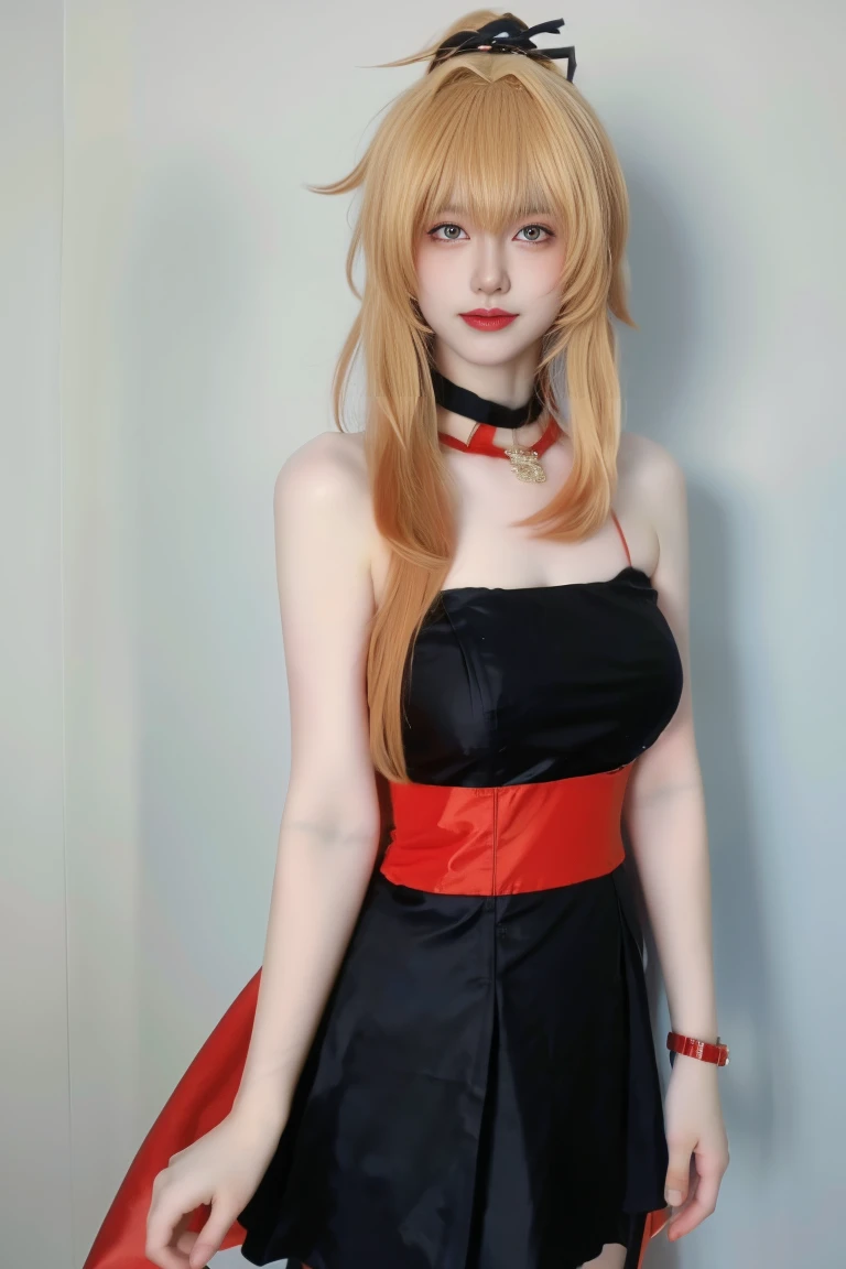 best quality, tmasterpiece,Ultra-high resolution,Clear face,(Reality:1.4),ferpect lighting,(upper body shot:1.5), (photorealistic:1.50), anime wallpaper, Guviz style artwork, cover-up fantasy up to magic , by Yang J, Guviz, beautiful artwork illustration, beautiful digital artwork, beautiful digital illustration, Li Song, beautiful anime portrait, art style in Beauvot,1girl, solo, long hair, blonde hair, Ponytail hair, Hair ribbon, Red ribbon, Bangs, hair ornament, (black dress:1.3), short dress, Thigh, standing,