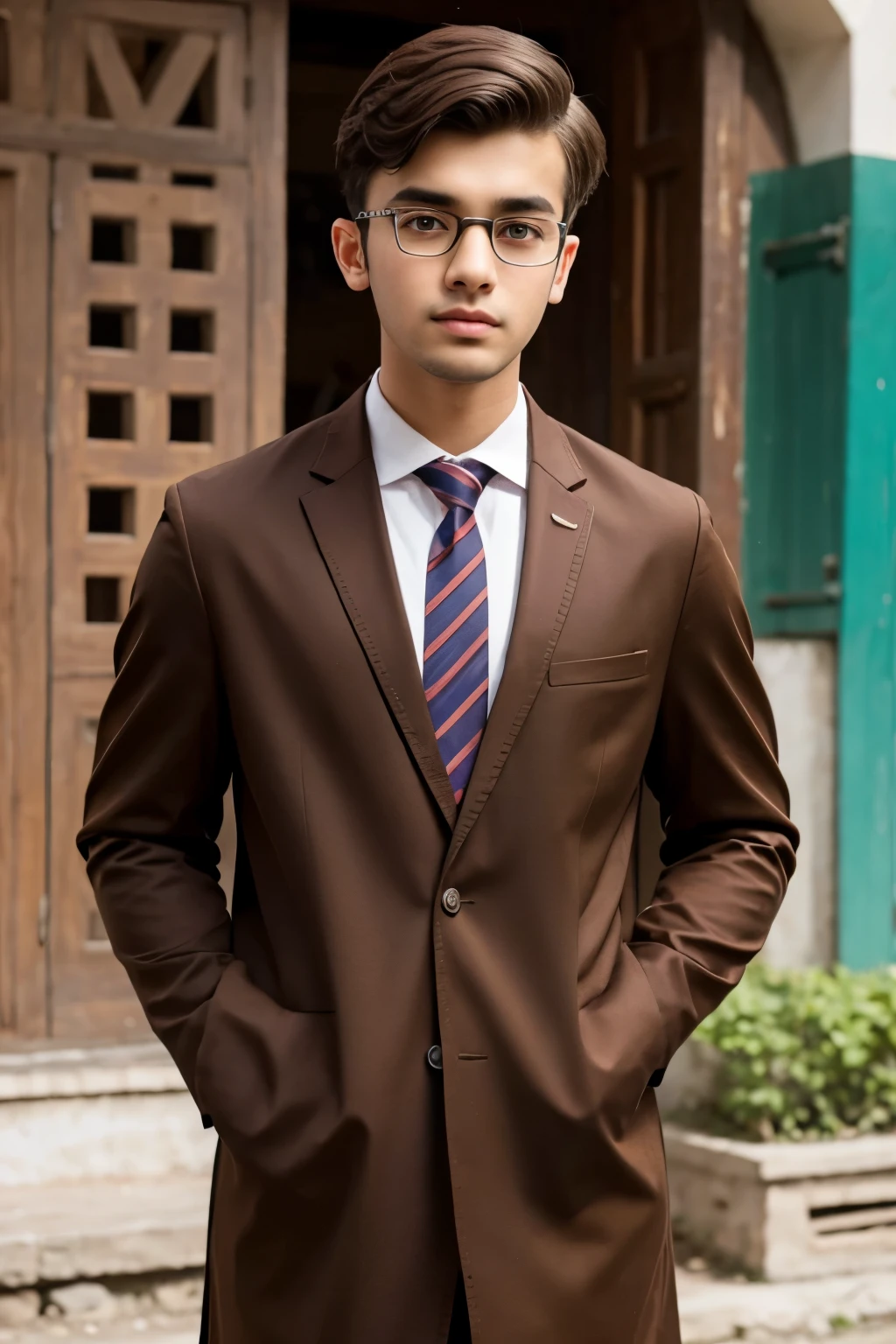 Masterpiece, hd ,1boy ,17 y.o, A brown-haired, round-glasses, school_uniform, Pakistan man, standing, outdoor 