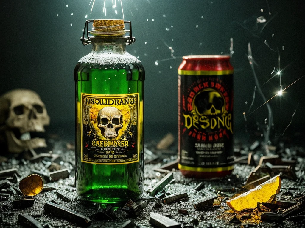 In a glistening, toxic bottle, insecticides sparkle like shards of broken glass, catching the light in a sinister display. The chemicals within, lethal yet alluring, are depicted with striking detail in this haunting photograph. The vibrant colors of the label pop against a backdrop of ominous shadows, creating a sense of impending danger. The meticulous craftsmanship of the image captures every ominous detail, from the skull and crossbones warning to the intricate text listing harmful ingredients. This image is a mesmerizing yet chilling depiction of a common household danger.