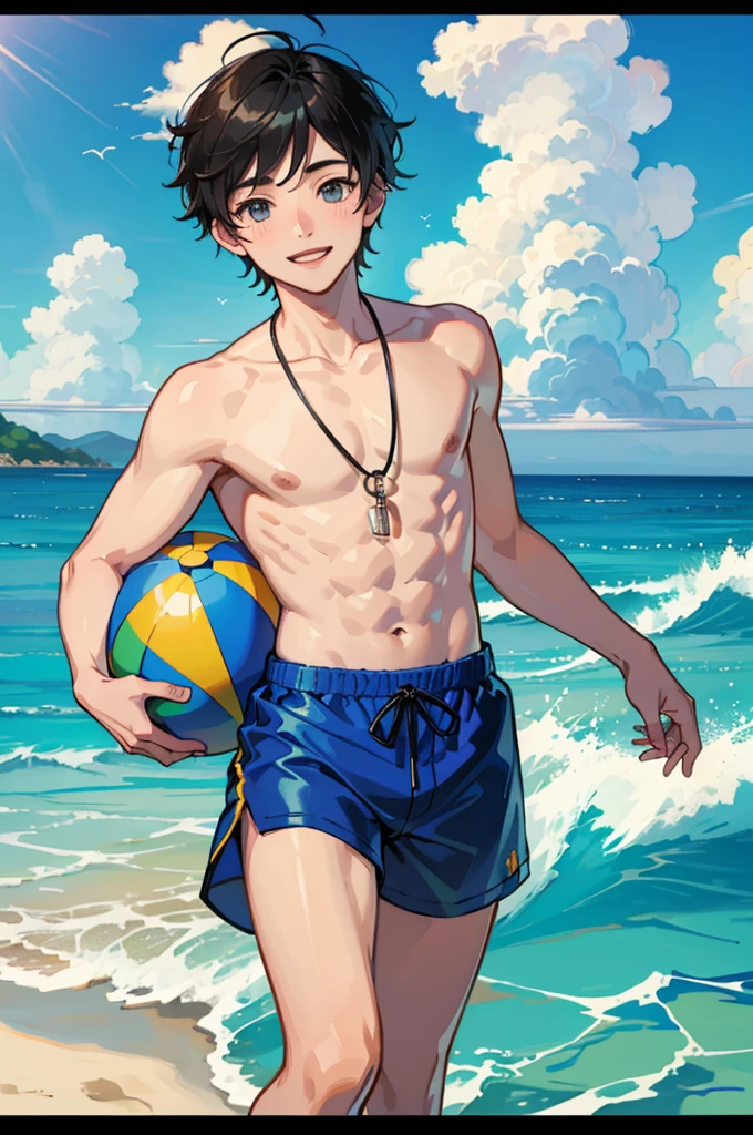 (Highest quality), (Super detailed), Beautiful Boy、Charm、、Shota、More than one person、Playing in the sea、Swim trunks、smile、Beach ball、