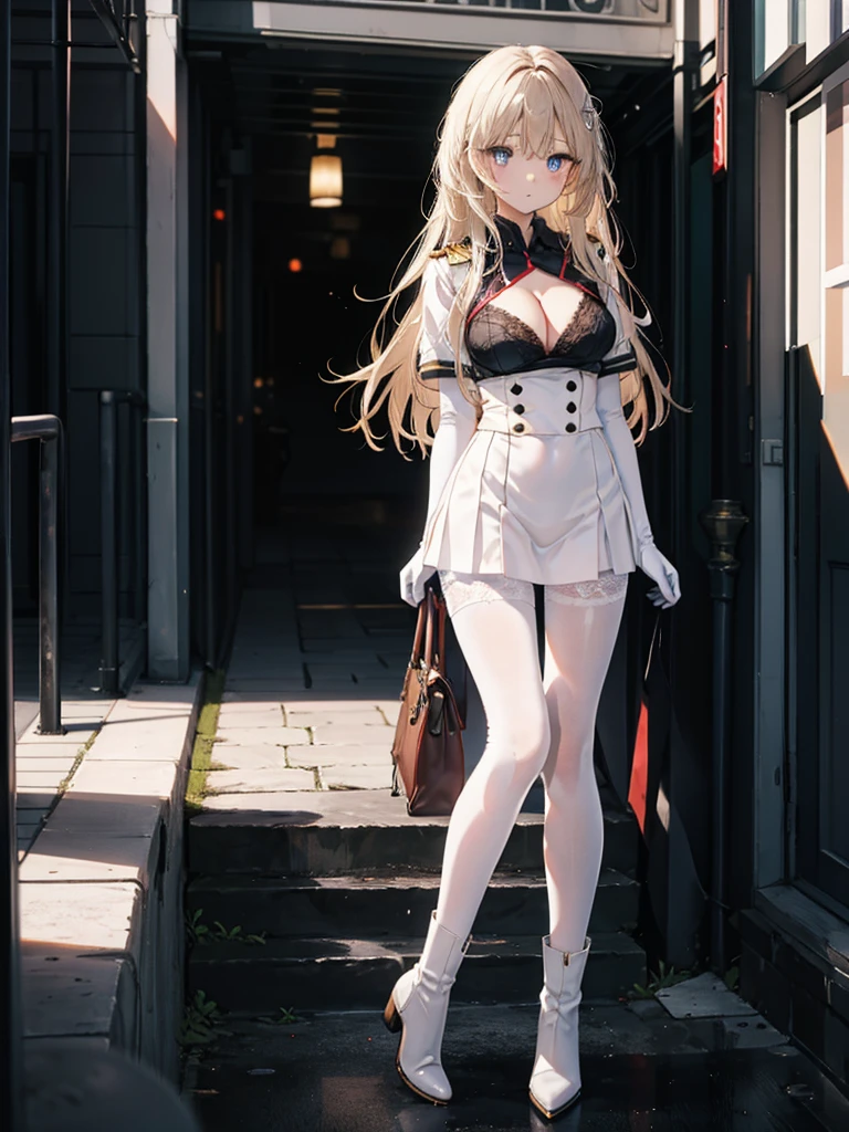 ,long hair,straight_hair,bright_pupils,cleavage,slender_waist,ankle_boots,elbow_gloves,1girl,white_pantyhose,lace,Uniforms