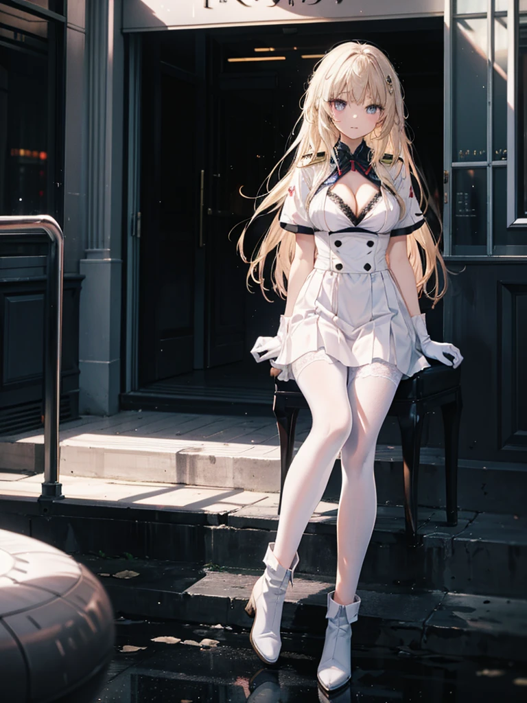 ,long hair,straight_hair,bright_pupils,cleavage,slender_waist,ankle_boots,elbow_gloves,1girl,white_pantyhose,lace,Uniforms