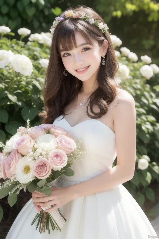 Beautiful girl holding a pale color rainbow big bouquet,presenting a bouquet to the viewer,long eyelushes,big eyes,a lot of flower petals are dancing in te air,one color background,pale white dress, straight bangs,((big smile)),((happy smile)), looking at the viewer,many shining crystals are at wall, happy mood,shining, realistic, super detailed,16k,masterpiece,high quality,crystals are on the flowers,casual hair accessories,shining background,celebrating,enamel quilting background,