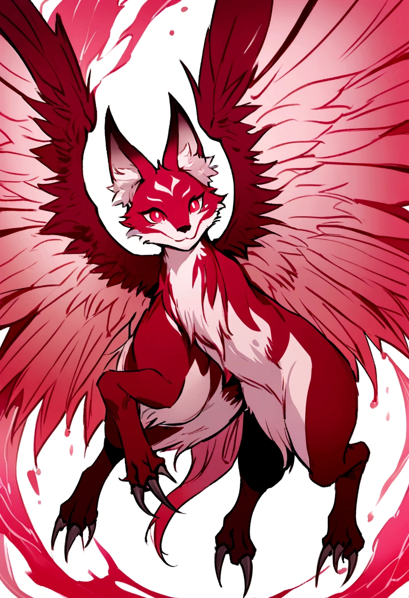 The flying fox that like a goat and salamender  , flying fox wings , 4 legs , ears , horn , orang white aura , red liquid pink eyes , pink scale , scarft , sharp nail , not a human