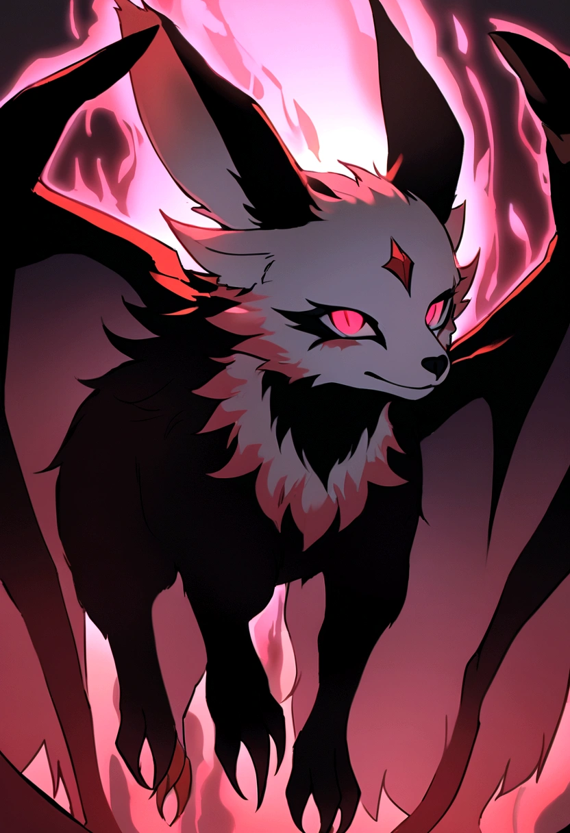 The flying fox that like a goat and salamender , flying fox wings , 4 legs , ears , horn , orang white aura , red liquid pink eyes , pink scale , scarft , sharp nail , not a human