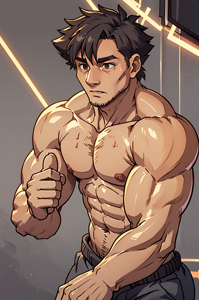 Shirtless, muscular, chest, sweaty, hairy, bara, knocked out, dominated