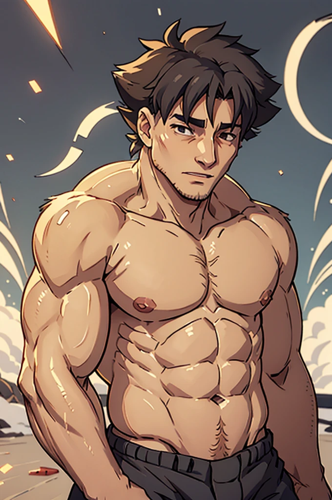Shirtless, muscular, chest, sweaty, hairy, bara, knocked out, dominated