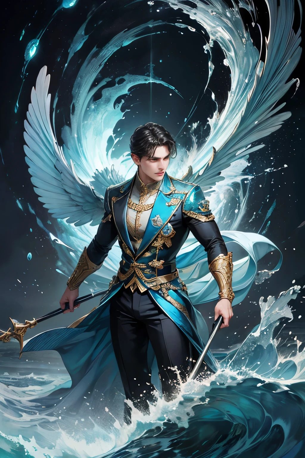 "Create an ultra-realistic image of a strikingly handsome male fairy with large, graceful wings that reflect the essence of water and waves. He should be holding a water staff that radiates the energy of flowing water. Dress him in an elegant, dark blue outfit that captures the depth and mystery of the ocean. Surround him with elements of water, such as dynamic waves and cascading waterfalls, to highlight his connection to this element. Include a distinct water symbol or design on his body, indicating his role as the keeper of water and the deep ocean, showcasing the powerful aquatic energy he embodies within him."