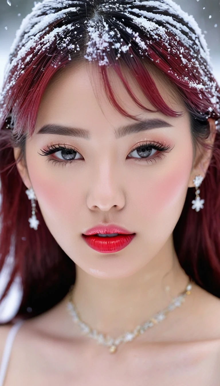 1 girl, Korean model, extremely beautiful, perfect body. Photo taken with Canon EOS R5 85mm f/11 Camera, ((sharp)) mode of people and surrounding scenery. Image quality ((8K)), ((lifelike)), ((masterpiece)), ((sharp and highest contrast)), ((great depth of field)), ((light stereolithography)). ((Cosplay pink hair)), long and smooth, the wind blows it beautifully under the bright sunlight. Beautiful face, perfect and y, holy, perfectly balanced, ((beautiful in every detail)), ((shiny)), ((high-end cosmetic makeup)), ((shiny bright, radiant)). Bright smile, pure white teeth and details. Seductive glossy red lips, ((brilliant glossy red lipstick)). The eyes are brown, glossy, seductive, ((sharp makeup)), realistic, ((wet eyes)) and detailed. Pink eyeshadow, long eyelashes, blush, high-end cosmetics. Two delicate eyelids, perfectly beautiful and detailed, black eyelashes. Eyebrows are curved, sparse, sharp and detailed. High and detailed nose. Cheeks are prominent and detailed. ((Ivory white, bright white skin)), detailed pores, ((shiny skin)), smooth, rosy, flawless skin texture. Long, shiny legs. Beautiful, perfect hands, ((no flaws)). ((Light shines directly on the face)), bright sunlight, ((shines light on the front part of the girl's body)). Wear earrings, necklaces, belts, ((shirts)), ((office dresses)), high heels, bracelets. Close-up photo of Girdeserted street, ((white snow)), cold wind, frost, bitter cold, numbness, ((frozen)), snowflakes, lonely, ma dreamy, wait, ((hope)), ((mystical)).