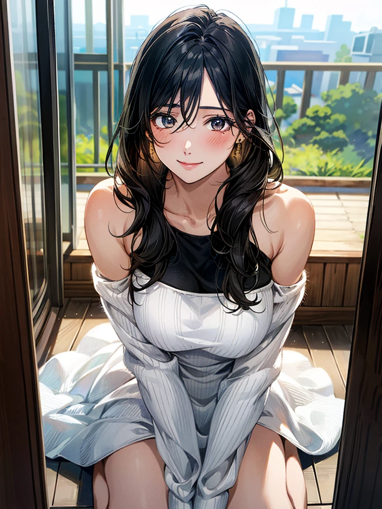 (masterpiece:1.3, Highest quality, Ultra-high resolution, Super detailed), (Realistic, photoRealistic:1.4), Beautiful illustrations, Perfect lighting, Natural light, colorful, Depth of written boundary, , Beautiful detailed hair, Beautifully detailed face, Beautiful attention to detail, Beautiful clavicle, Beautiful body, Beautiful breasts, Beautiful thighs, Beautiful feet, Beautiful fingers, View your viewers, 1 Girl, Japanese, high School girl, (Perfect Anatomy, Anatomically correct), Cute and symmetrical face, Baby Face, Perfect Face, Perfect Eyes, Shiny skin, thin, (Long Hair:1.7, Wavy Hair:0.8,Black Hair), Hair between the eyes, Long eyelashes, (Large Breasts:0.8, Captivating thighs), ((Long sleeve white knit dress, Black tube top)), (Beautiful views), summer, evening, (School), (Cute smile, Upward glance),Cafe