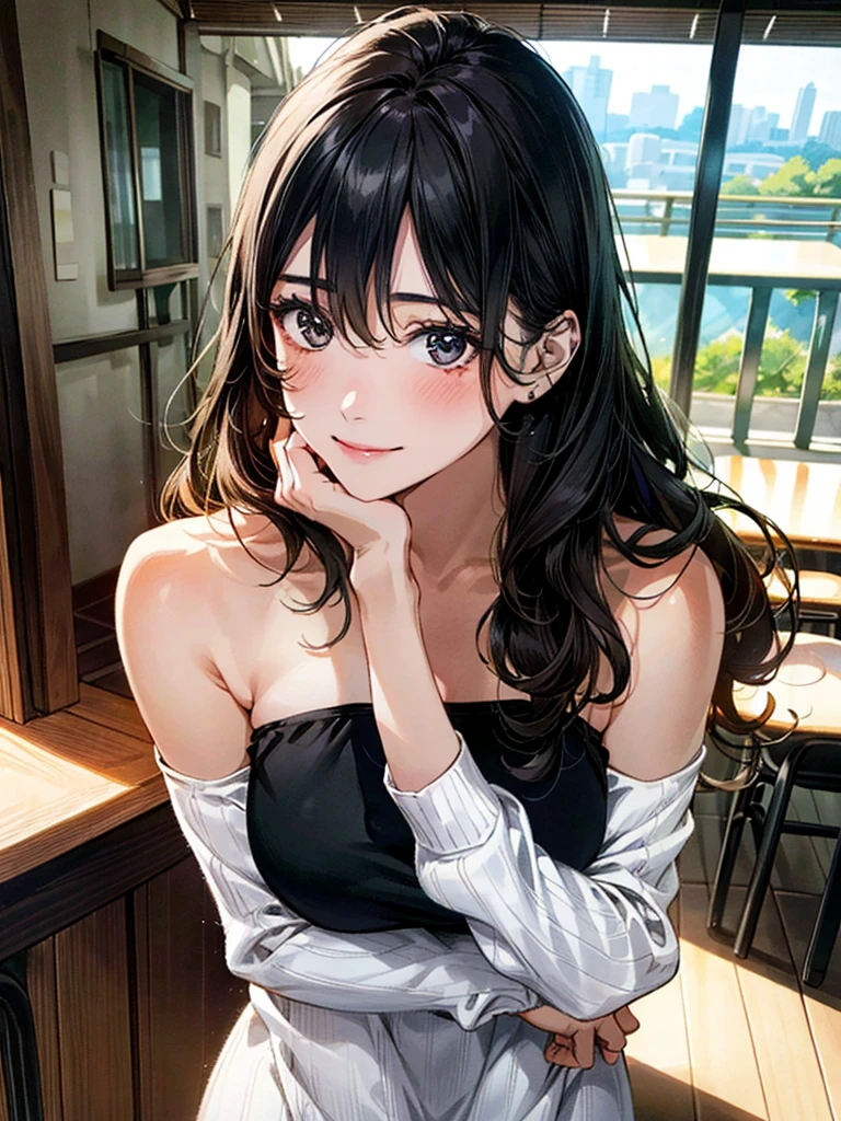(masterpiece:1.3, Highest quality, Ultra-high resolution, Super detailed), (Realistic, photoRealistic:1.4), Beautiful illustrations, Perfect lighting, Natural light, colorful, Depth of written boundary, , Beautiful detailed hair, Beautifully detailed face, Beautiful attention to detail, Beautiful clavicle, Beautiful body, Beautiful breasts, Beautiful thighs, Beautiful feet, Beautiful fingers, View your viewers, 1 Girl, Japanese, high School girl, (Perfect Anatomy, Anatomically correct), Cute and symmetrical face, Baby Face, Perfect Face, Perfect Eyes, Shiny skin, thin, (Long Hair:1.7, Wavy Hair:0.8,Black Hair), Hair between the eyes, Long eyelashes, (Large Breasts:0.8, Captivating thighs), ((Long sleeve white knit dress, Black tube top)), (Beautiful views), summer, evening, (School), (Cute smile, Upward glance),Cafe