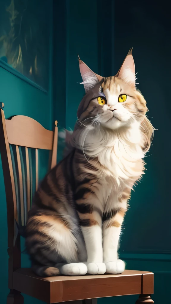 there is a cat that is sitting on a chair with its paws on the back, a pastel by Brian Thomas, reddit, photorealism, maine coon, fluffy ears and a long, anthropomorphic large maine coon, soft and fluffy, outrageously fluffy, serious looking mainecoon cat, doing a hot majestic pose, a handsome, with pointy ears