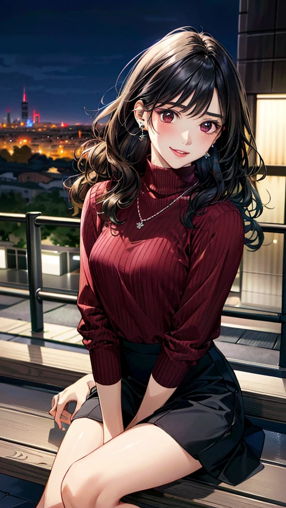 (masterpiece:1.3, Highest quality, Ultra-high resolution, Super detailed), (Realistic, photoRealistic:1.4), Beautiful illustrations, Perfect lighting, colorful, Depth of written boundary,
Beautiful detailed hair, Beautifully detailed face, Beautiful fine details, Beautiful clavicle, Beautiful body, 美しいLarge Breasts, Beautiful thighs, Beautiful feet, Beautiful fingers,
View Viewer、Front view:0.6, Beauty1人, Japanese, Beauty、30 years old, Perfect Face, (Perfect Anatomy, Anatomically correct), Cute and symmetrical face, Baby Face, , Shiny skin,
((burgundy turtleneck sweater:1.4、Long skirt 1.5))
(Black Hair, Medium Wavy Hair:1.4), Dark brown eyes, (Large Breasts), Slim body,
necklace, (Small earrings:1.3),
(Beautiful views), (night), (city, cityscape in the distance), Sitting on a bench, A soft smile、(Smile, Lips parted),