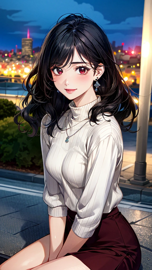 (masterpiece:1.3, Highest quality, Ultra-high resolution, Super detailed), (Realistic, photoRealistic:1.4), Beautiful illustrations, Perfect lighting, colorful, Depth of written boundary,
Beautiful detailed hair, Beautifully detailed face, Beautiful fine details, Beautiful clavicle, Beautiful body, 美しいLarge Breasts, Beautiful thighs, Beautiful feet, Beautiful fingers,
View Viewer、Front view:0.6, Beauty1人, Japanese, Beauty、30 years old, Perfect Face, (Perfect Anatomy, Anatomically correct), Cute and symmetrical face, Baby Face, , Shiny skin,
((burgundy turtleneck sweater:1.4、Long skirt 1.5))
(Black Hair, Medium Wavy Hair:1.4), Dark brown eyes, (Large Breasts), Slim body,
necklace, (Small earrings:1.3),
(Beautiful views), (night), (city, cityscape in the distance), Sitting on a bench, A soft smile、(Smile, Lips parted),