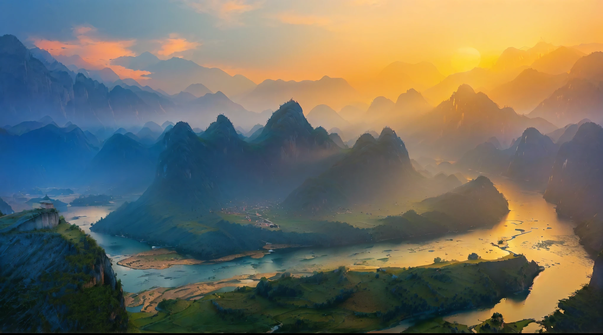 arafed view of a river and Mountains with a sunset, Chinese scenery, Karst, Stunning scenery, Dreamy Chinatown, Stunning scenery, Mountain, “ aerial view of a Mountain, East, Karst ; Wide-angle lens, Beautiful scenery, Dramatic Landscape, Morning Light, Beautiful scenery, Night settings, Magnificent natural scenery, Mountains and rivers, riverside