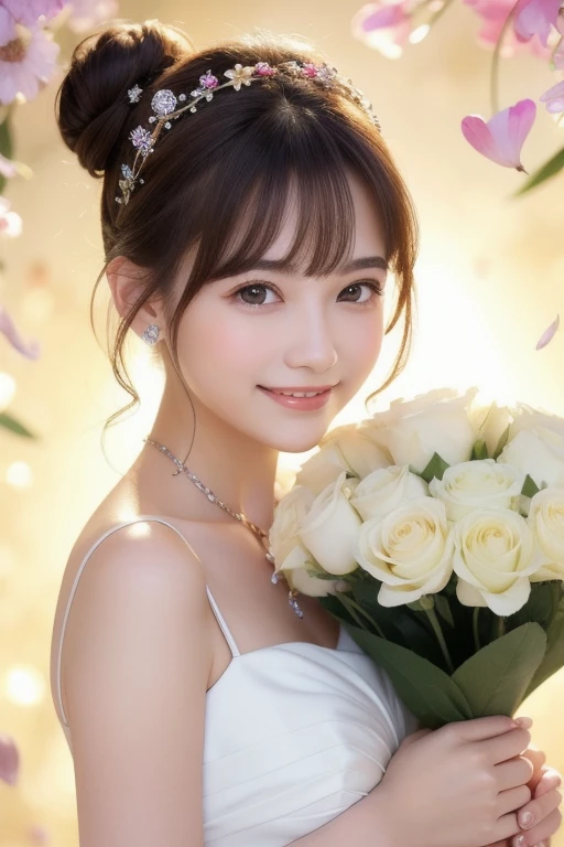 Beautiful girl holding a pale color rainbow big bouquet,presenting a bouquet to the viewer,long eyelushes,big eyes,a lot of flower petals are dancing in te air,bun hair,one color background,pale white dress, straight bangs,((big smile)),((happy smile)), looking at the viewer,many shining crystals are at wall, happy mood,shining, realistic, super detailed,16k,masterpiece,high quality,crystals are on the flowers,casual hair accessories,shining background,celebrating,enamel quilting background,