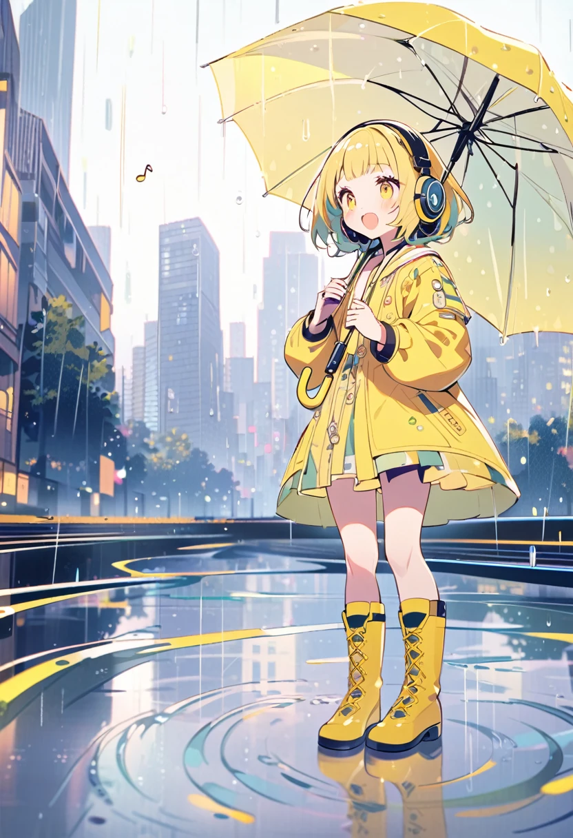 (extremely detailed fine touch:1.3),absurdres, highres,BREAK kawaii girl holding umbrella and singing song, rainy day, musical note, Rainy cityscape, open mouth,  (super very short hair:1.3), (yellow glasses:1.3), underrim_metal, headphones, yellow boots, water reflection, pastel tone
