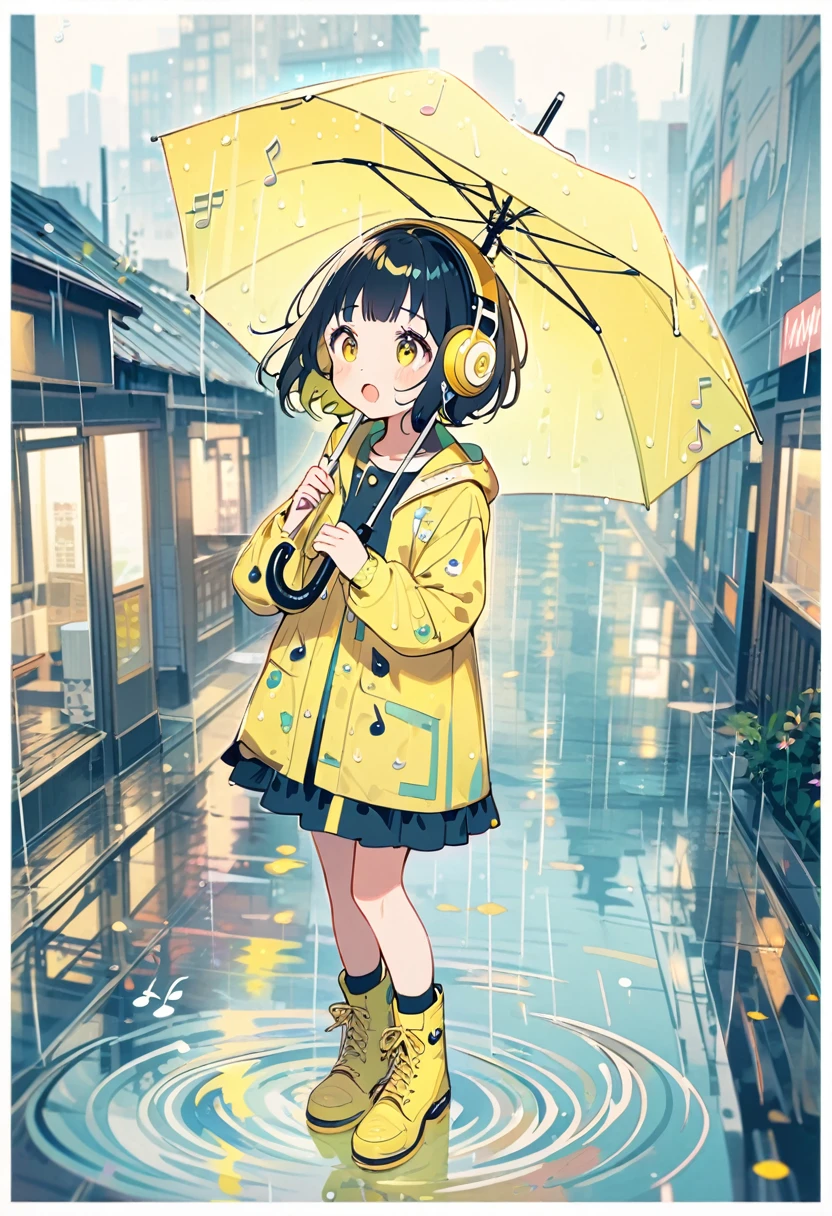 (extremely detailed fine touch:1.3),absurdres, highres,BREAK kawaii girl holding umbrella and singing song, rainy day, musical note, Rainy cityscape, open mouth,  (super very short hair:1.3), (yellow glasses:1.3), underrim_metal, headphones, yellow boots, water reflection, pastel tone