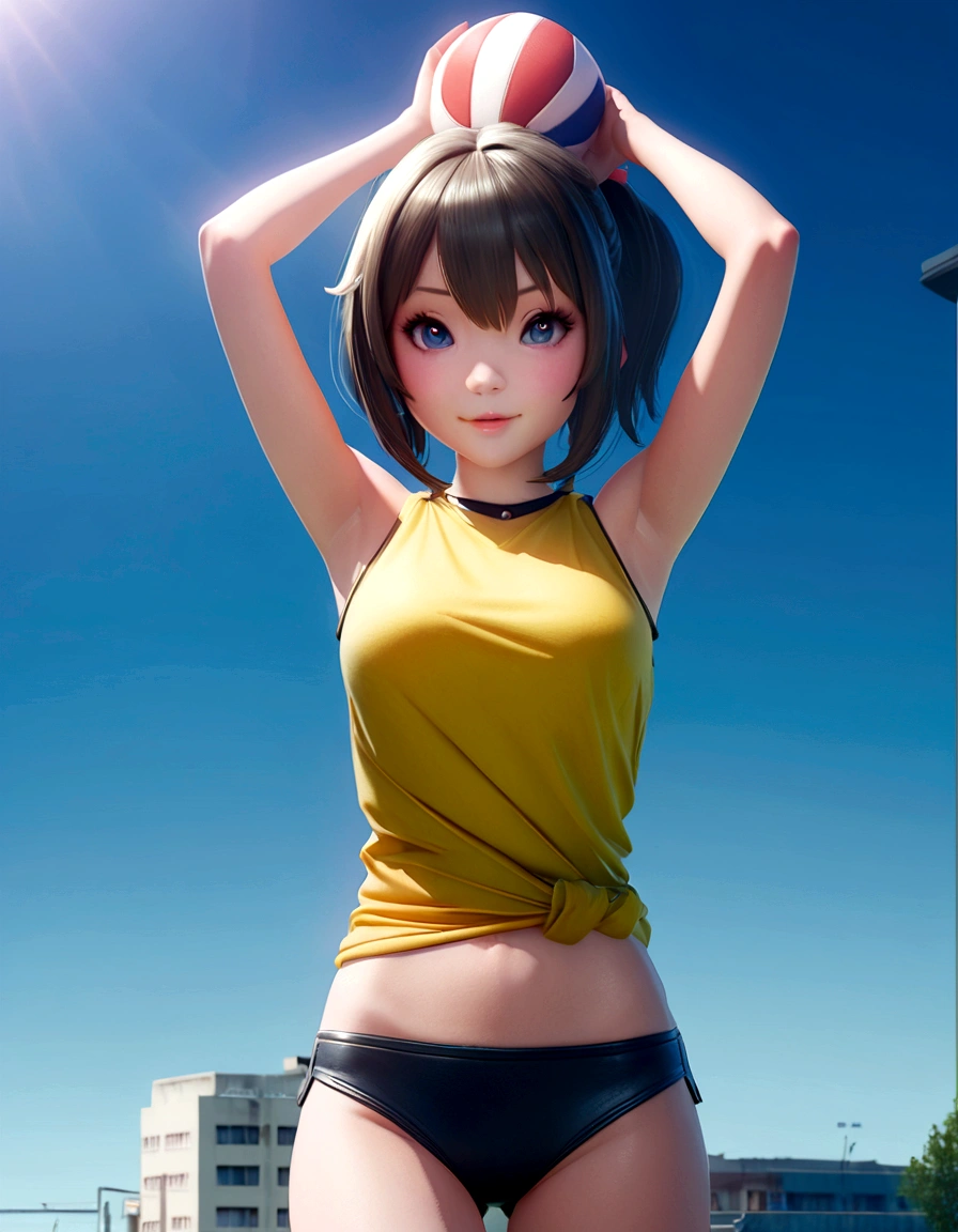 Anime girl wearing a yellow shirt and black shorts holding a volleyball, Smooth anime CG art, Photorealistic anime girl rendering, render of a cute 3d anime girl, Realistic Anime 3D Style, Ilya Kuvshinov. 4k yen, 3d anime girl, anime style 4k yen, Attractive anime girl, Anime Moe Art Style, 4k yen manga wallpaper