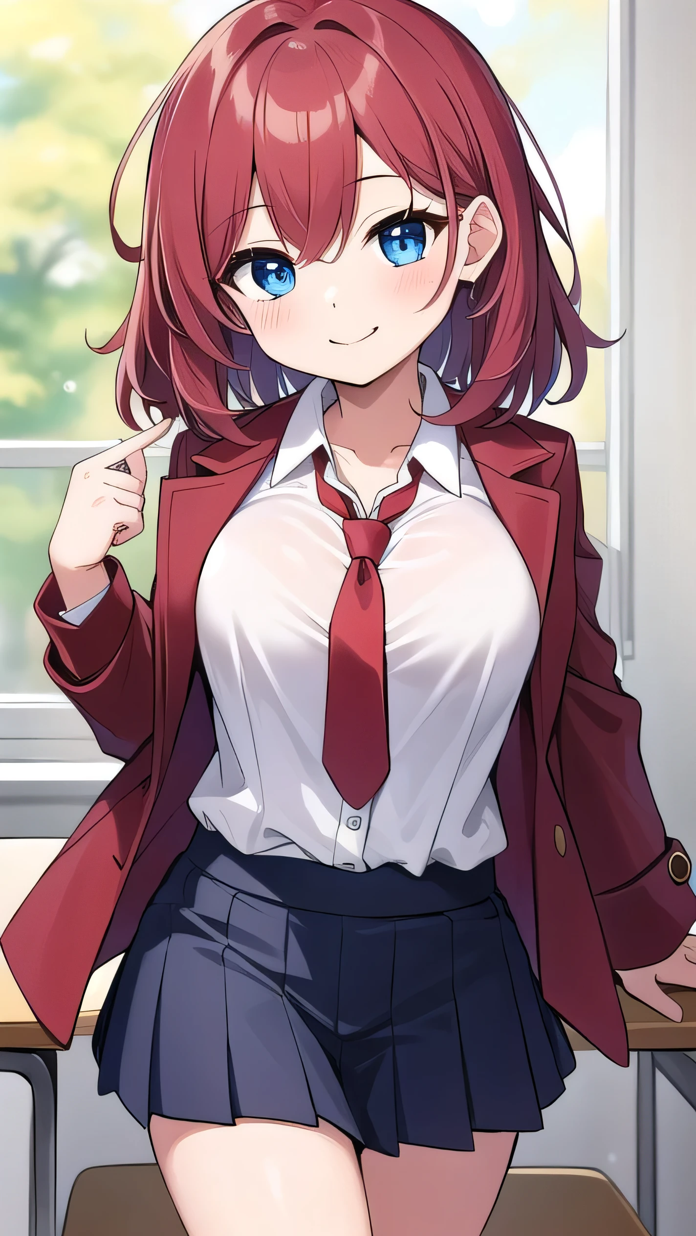 Big breasts, red hair, blue eyes, droopy eyes, (red jacket:1.1), long sleeves, navy skirt, elementary school student, super big breasts, (medium hair: 1.2), baggy clothes, elementary school student, young face, short height, , old, shy A shy guy, smiling a little, trying to open the buttons of his shirt, white shirt, red tie,straight hair ,A kind smile, a little smile