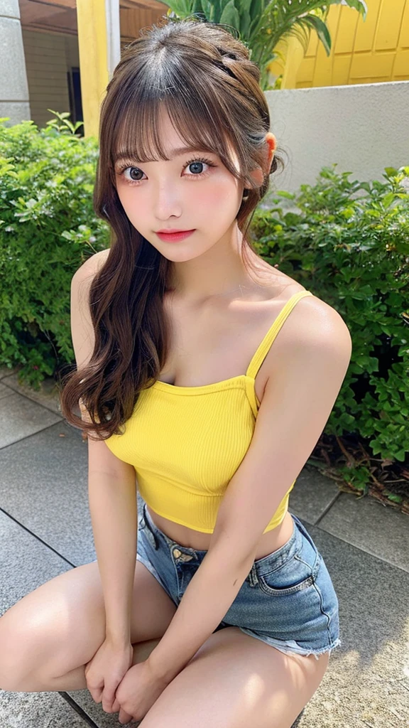 （8k、high resolution、High resolution、Fine details）Beautiful eyelashes、High resolutionの顔、Zoom out、18 years old、 Beautiful detailed eyes、Random cute hairstyles、C cup breasts、Denim shorts、Yellow swimsuit、bikini、Crouching pose