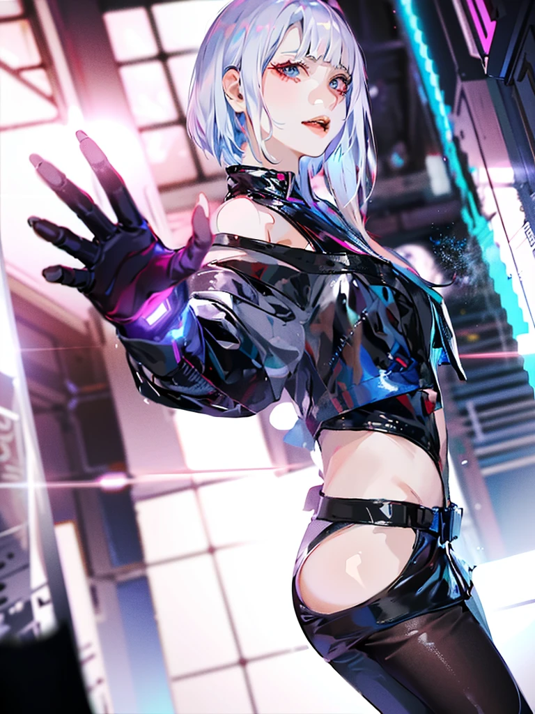 There is a woman dressed in silver posing for a photo, 2 b, 2b, chrome outfit, an oppai cyberpunk, cyber punk setting, Cyberpunk costumes, Ayaka cosplay, iridescent sci-fi kimono, cyber punk style, cyberpunk angry gorgeous goddess, Anime girl cosplay, cyberpunk style outfit, cyberpunk photo, dreamy cyberpunk girl, cyber universe style,Side Body,looking toward the viewer