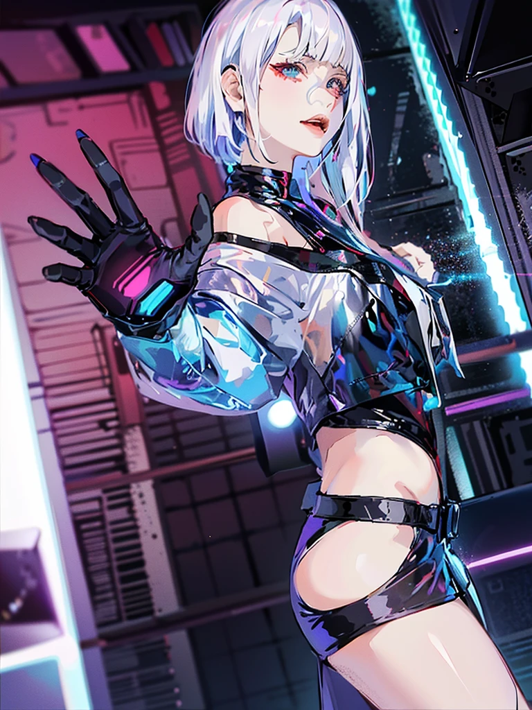 There is a woman dressed in silver posing for a photo, 2 b, 2b, chrome outfit, an oppai cyberpunk, cyber punk setting, Cyberpunk costumes, Ayaka cosplay, iridescent sci-fi kimono, cyber punk style, cyberpunk angry gorgeous goddess, Anime girl cosplay, cyberpunk style outfit, cyberpunk photo, dreamy cyberpunk girl, cyber universe style，Side Body，looking toward the viewer