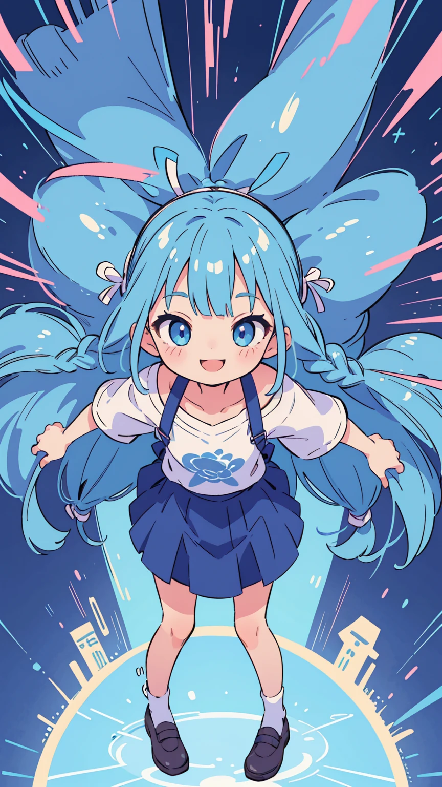 girl, , Change,(Incredibly ridiculous absolute solution: 1.5), best quality, masterpiece, Ultra-high resolution, 8K, (skirt,Small leather shoes), shojo Comic style, , soft line art, Digital enhancement, girl漫画风格, Girls comics core, (Shoulder-length hair)))), ( Short braids))), soft drawing, Beautiful blue hair, Clear eyes, ((Smile, blink)), Ultra-detailed digital animation art, The face is clearly depicted, Super detailed girl comic character art, Clear facial features, Comic style, Top quality colors, You can see the angle of the feet, twist, Pretty and beautiful: 1.5, high quality:1.3(Gorgeous graffiti background)