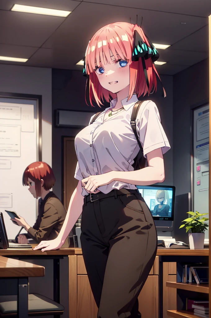 I was silent, Nakano Nino, Short Hair, bangs, blue eyes, hair ornaments, Hair Ribbon, Pink Hair, blunt bangs, Both sides up, Big Breasts,butterfly hair ornaments,Grin,White Y-shirt,Short sleeve,Heart Necklace,slacks,Stiletto heels,Walking,There is a computer on the table,whole bodyがイラストに入るように,Daytime,Clear skies,
break indoors, office,
break looking at viewer,whole body,
break (masterpiece:1.2), Highest quality, High resolution, unity 8k wallpaper, (figure:0.8), (Beautiful attention to detail:1.6), Highly detailed face, Perfect lighting, Highly detailed CG, (Perfect hands, Perfect Anatomy),