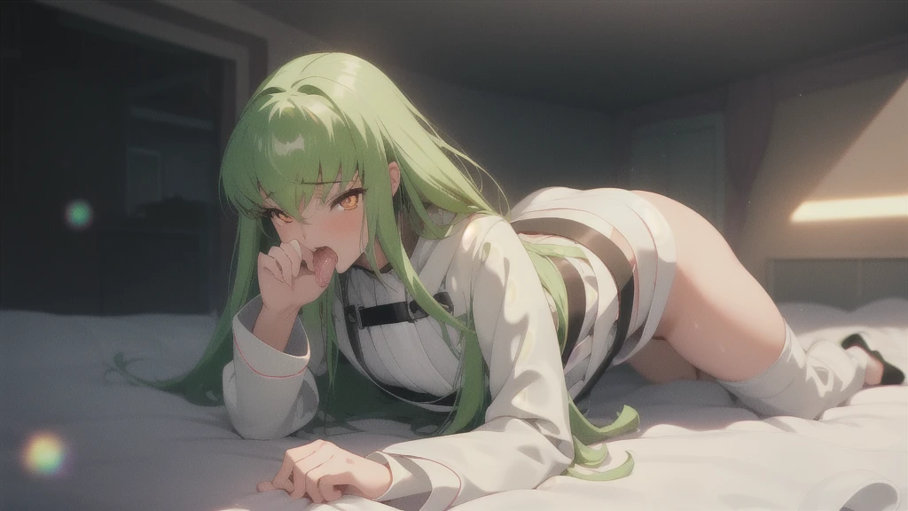 1boy in,NSFW,(((1girl,1boy,))),c.c., Expressionless, (Look at other people:1.1), (Lie in:1.2), On the floor, 
Long sleeve,  white lace panties, eyes, Green Hair, Very long hair, (White straitjacket:1.6), Black belt, open mouth,
mksks style, Beautiful background, (chromatic aberration,  Lens flare, indoor, bedroom, bed sheet, bed, Particles of light, Holographic interface:1.2) ,
break masterpiece ,8k unity wallpaper,anime key visual,highest quality, High resolution,  (shape:0.8),anime coloring,
highly detailed face, detailed eyes,growing eyes,shiny skin,fine skin,white skin,dense skin,detailed hair,highly detailed legs,
perfect lighting, Detailed CG, 
(perfect hands, perfect anatomy),High resolution,
Break slender limbs, delicate curves, dainty hands,figure:0.8,