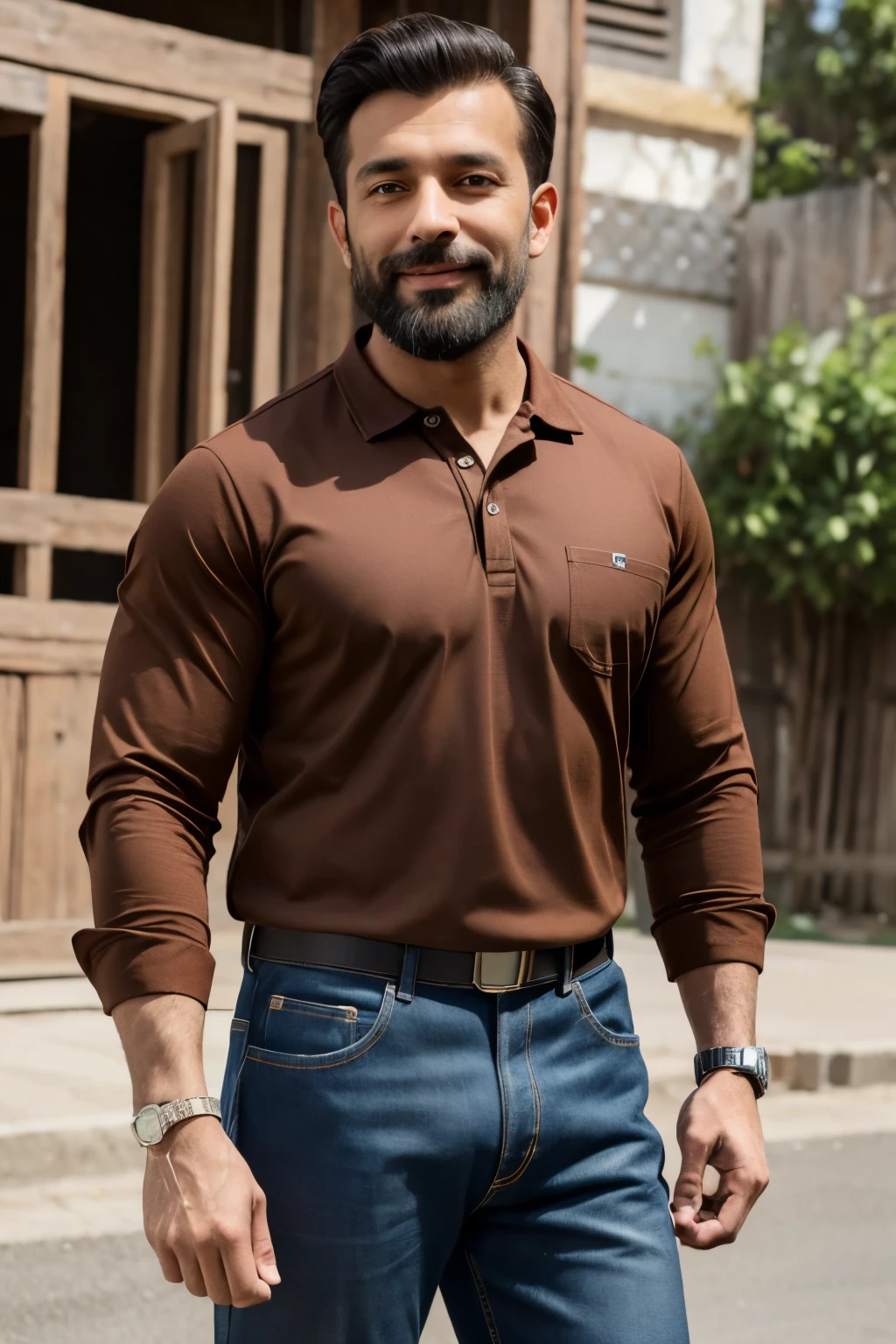 Masterpiece, hd ,1boy ,40 y.o, beard, smile, A brown-haired, wear polo shirt, denim pants, Pakistan man, standing, outdoor 