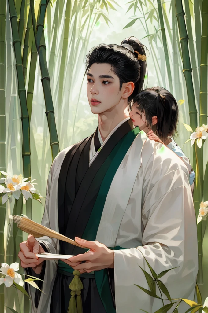 (masterpiece:1.2),best quality,PIXIV,Chinese style,hair ornament,solo,jewelry,black hair,white flower,long hair,A close-up of a boy in a bamboo forest, long black hair, ponytail, green headdress, carrying a lantern, bamboo leaves falling, hazy smoke, green Hanfu,23 year old boy,1boy,pretty 23 year old boy,professional boy photo, photo of boy 23 years old, thin boy,mature beautiful face,fair skin,super scale, 24k,hdr,perfect body boy,blush, big Ogi folding fan,parted lips,black eyes,tassel,lips,chinese clothes,pretty boy
