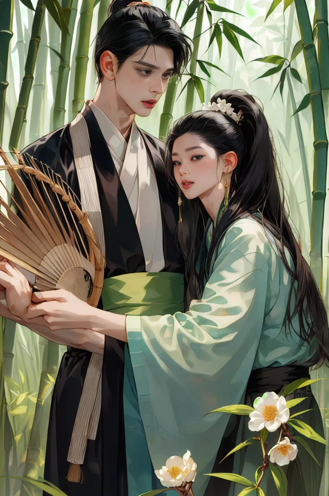 (masterpiece:1.2),best quality,PIXIV,Chinese style,hair ornament,solo,jewelry,black hair,white flower,long hair,A close-up of a boy in a bamboo forest, long black hair, ponytail, green headdress, carrying a lantern, bamboo leaves falling, hazy smoke, green Hanfu,23 year old boy,1boy,pretty 23 year old boy,professional boy photo, photo of boy 23 years old, thin boy,mature beautiful face,fair skin,super scale, 24k,hdr,perfect body boy,blush, big Ogi folding fan,parted lips,black eyes,tassel,lips,chinese clothes,pretty boy