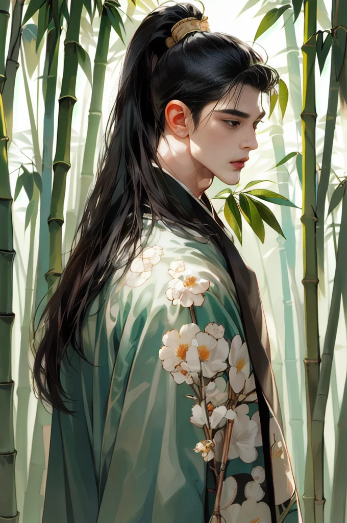 (masterpiece:1.2),best quality,PIXIV,Chinese style,hair ornament,solo,jewelry,black hair,white flower,long hair,A close-up of a boy in a bamboo forest, long black hair, ponytail, green headdress, carrying a lantern, bamboo leaves falling, hazy smoke, green Hanfu,23 year old boy,1boy,pretty 23 year old boy,professional boy photo, photo of boy 23 years old, thin boy,mature beautiful face,fair skin,super scale, 24k,hdr,perfect body boy,blush, big Ogi folding fan,parted lips,black eyes,tassel,lips,chinese clothes,pretty boy