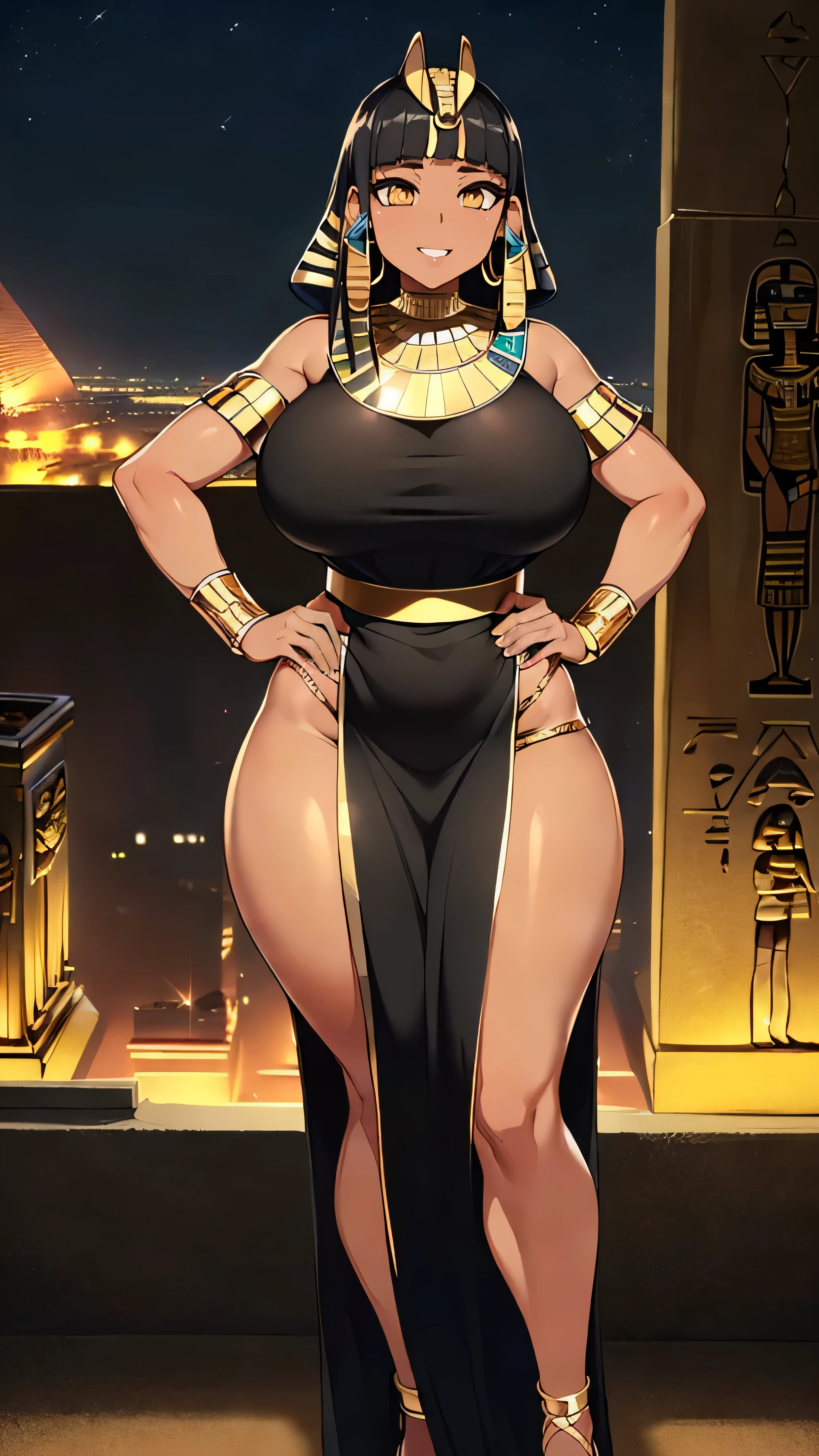 4K Quality, (sexy black woman), (big smile), ((standing up, hand on hip)), ((black and gold egyptian dress)), ((black and gold egyptian hair)), ((gold eyes)), ((dark skinned)), thick thighs, big breasted, big ass, (looking at viewer), (((in the black and gold egyptian city))), (nighttime), ((egyptian city background))