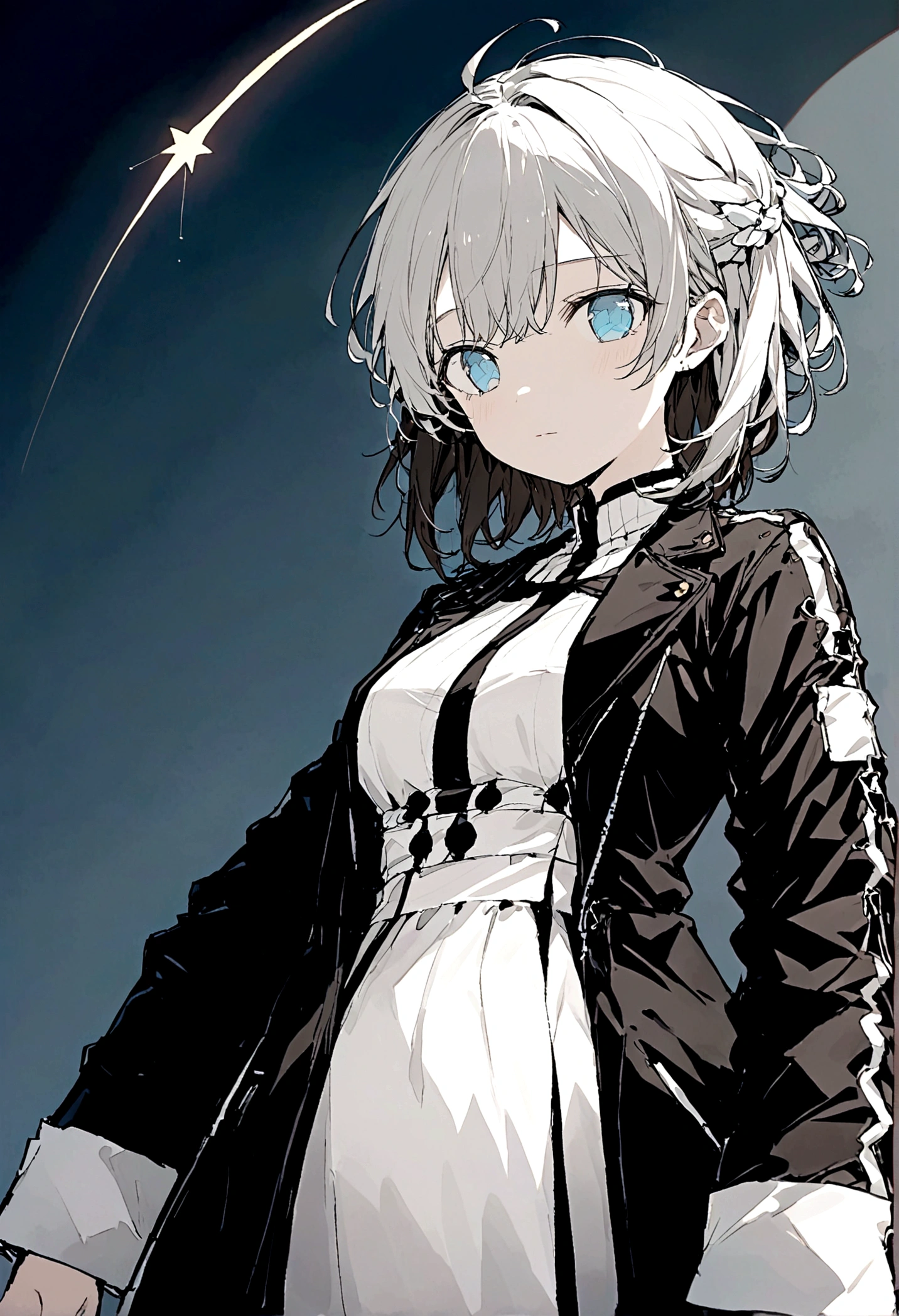 A dark-haired girl in a tight white jacket,Cute style,Lilac and Gold,avant-garde,Soft edges,Against the backdrop of dusk,There are some stars in the distance