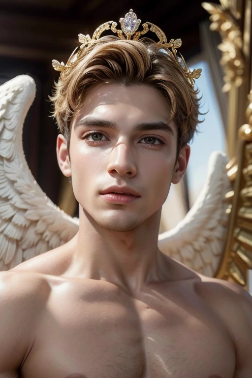 Homem romano realista beleza masculina nariz fino labios carnudos queixo qyadrado diamante. With angel wings on golden heads