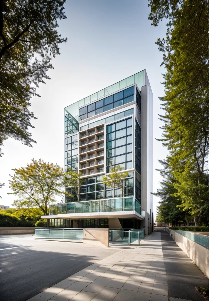 exterior of highrise hotel building, contemporary style, inspired of Norman Forster, glass with steel frame facade, 5 stars hotel design, beautiful landscape, stone pavement,cars, RAW photo, 8k uhd, dslr, soft lighting, high quality, film grain, Fujifilm XT3,masterpiece,