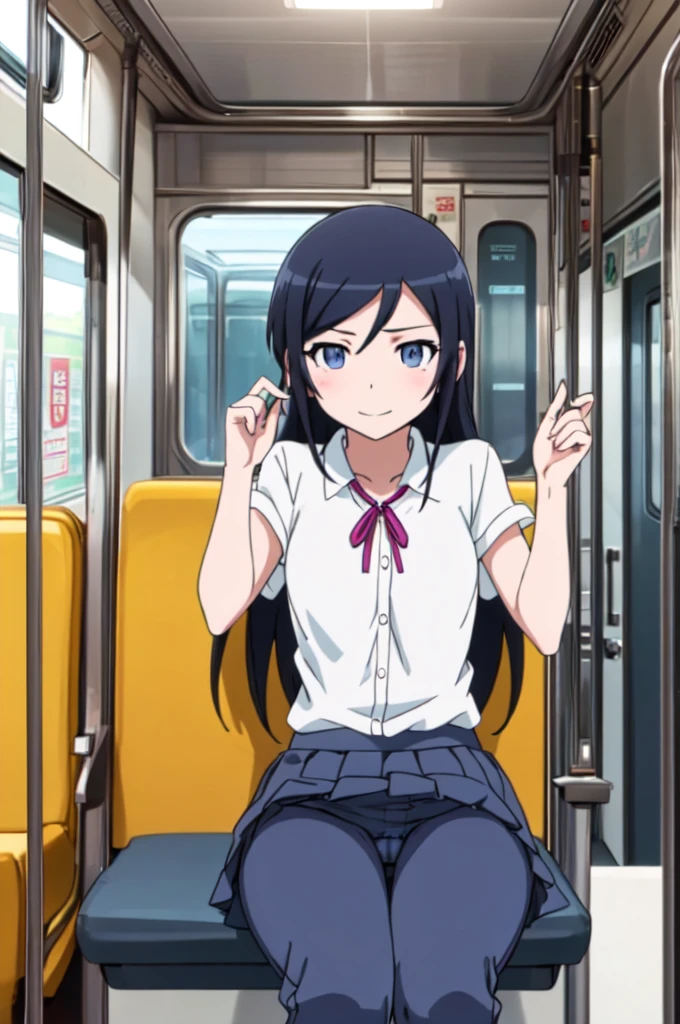 alone, One Girl, Show Viewer, 2D, anime, anime coloring, Upper Body,  sit in a train seat, (Bend your knees, Panty shot), Camel Toe, ayase aragaki, , Seraph, smile，Spread your legs， (((Skirt flip, I can see your pants)))，，(((Skirt flip, I can see your pants)))， Pussy juice, Pussy juice， pussy juice，