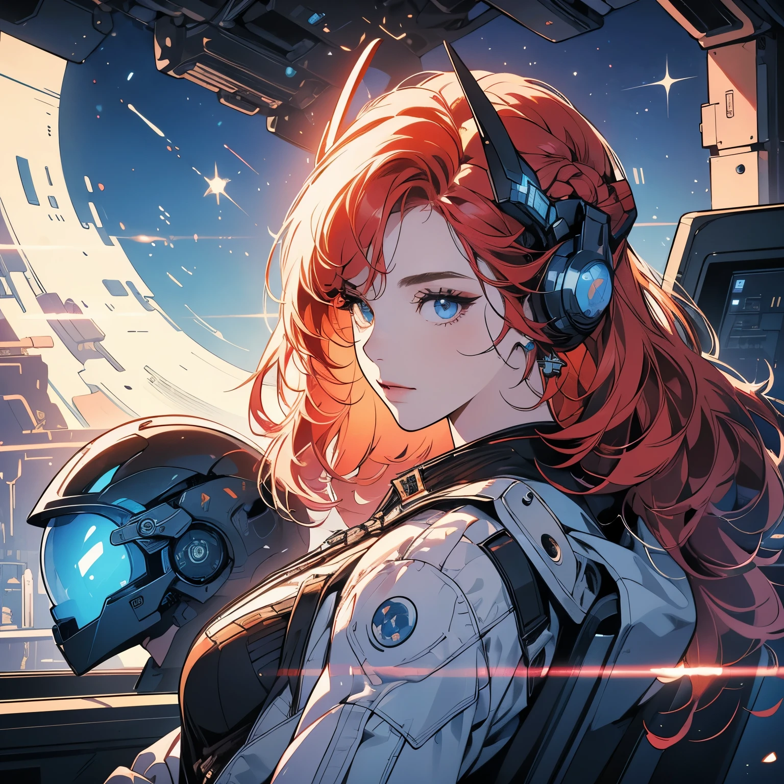 One beautiful woman, inside a spaceship, perfect machine, spacesuit, looking at camera, perfect face, zero gravity, outer space, lots of wires, switchboard, perfect and detailed machine, robot, detailed hair, (((Various angles))), cockpit, upper body shot, most beautiful woman alive, head shot , Super detailed background, top quality, Unique and beautiful eyes, (((Various unique hairstyles))) Ghost in the Shell, Long shot, Panorama,(((Various hair color))), sparkling eyes,Outer space in the background, Unique and perfect face, Pale Lighting, shoot from above, (((Ultra-detailed Complex design mechanical helmets))),red hair