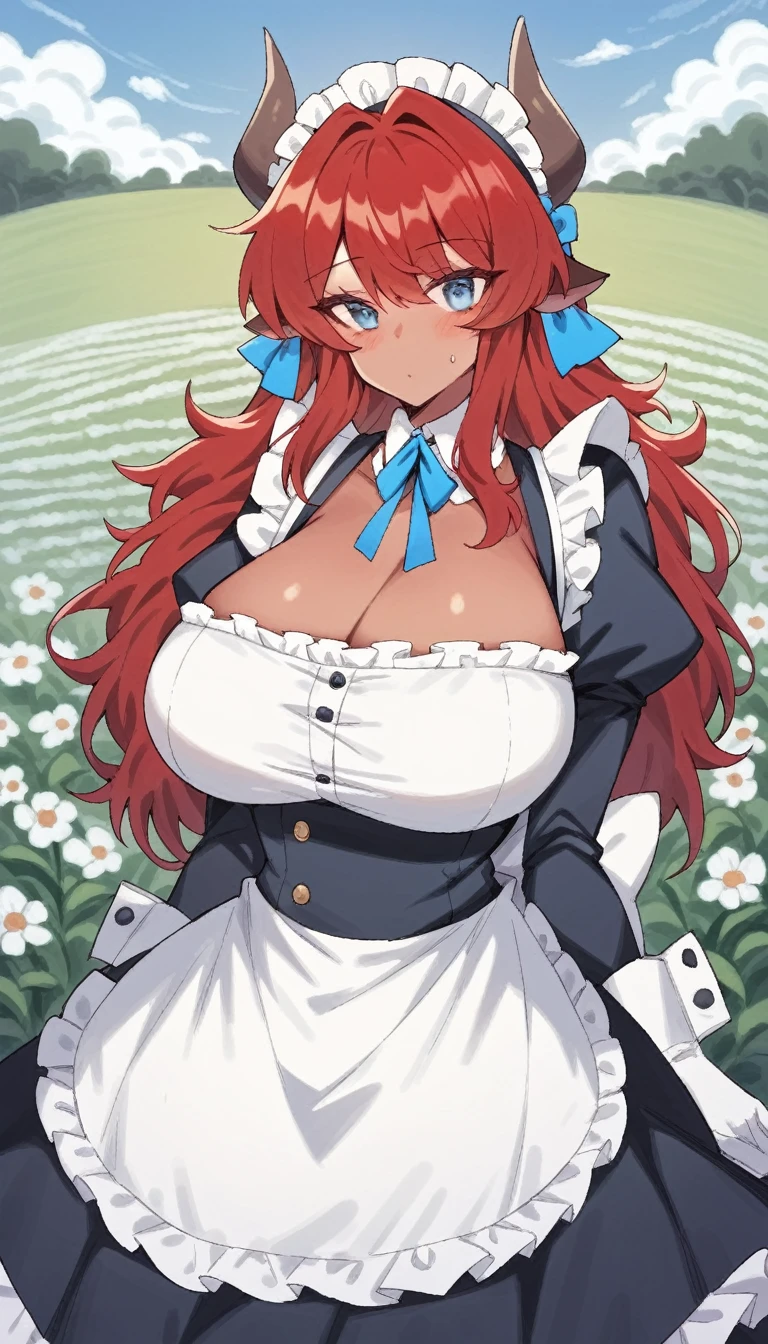 score_9, score_8_superior, score_7_superior, score_6_superior,young lady almost 20 years old with long red hair with bows blue eyes rosy cheeks with dark skin with cow ears and horns wearing maid uniform in a flower field, tan, dark skin, Huge breasts, hairstyles