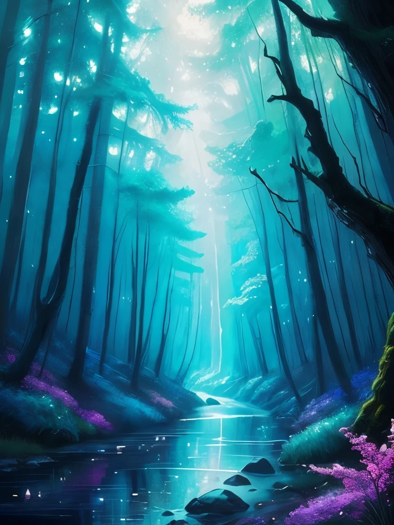 a painting of a forest with a river and stars in the sky, magical forest, magical fantasy forest, magical background, magical forest backround, glowing forest, background artwork, magical forest in the background, enchanted magical fantasy forest, magical colours and atmosphere, fantasy forest, magic fairy forest, magic forest, magical colors and atmosphere, very magical and dreamy