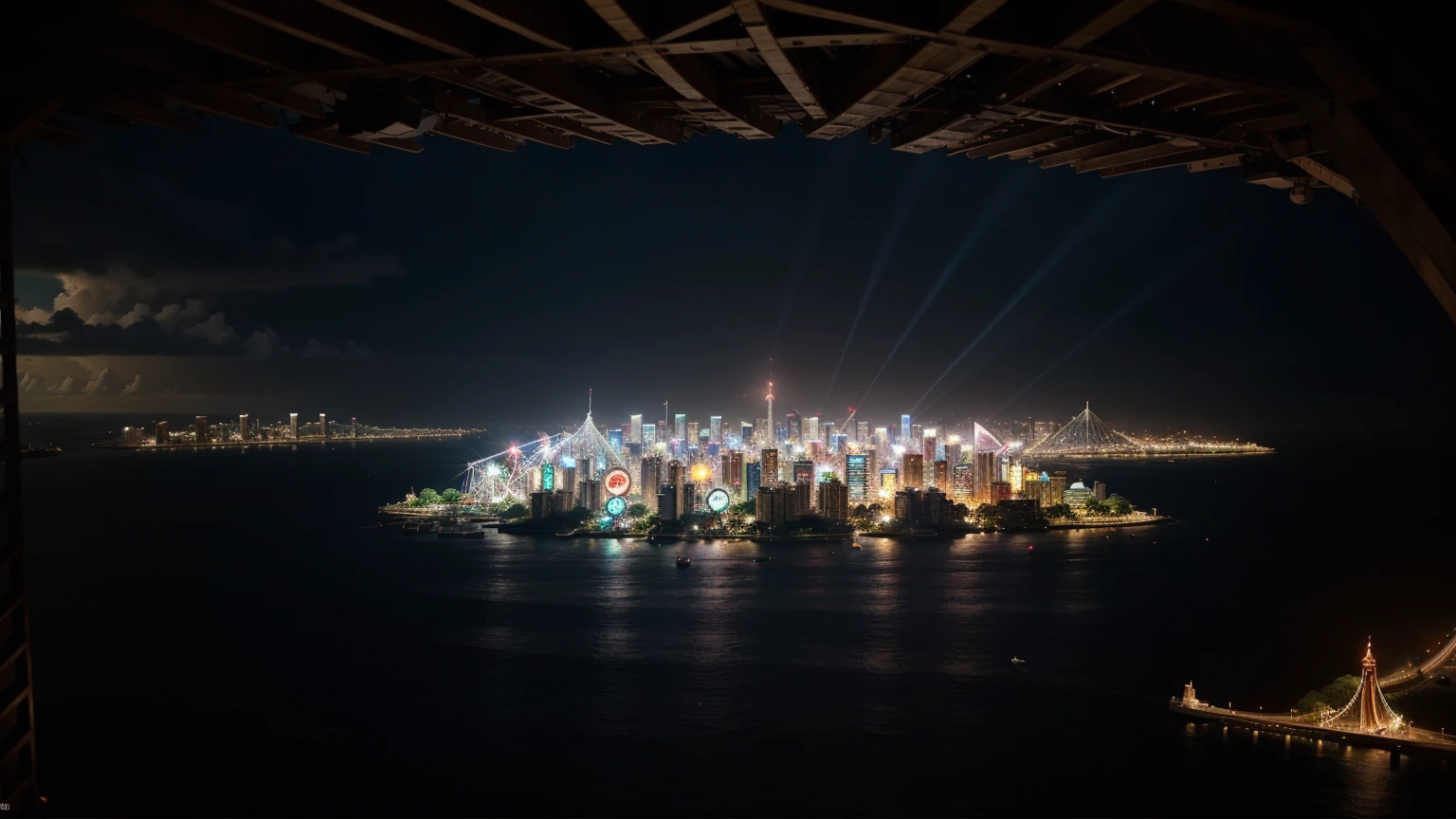 　　Multiple beautiful islands々With cityscape in the background　Parts of islands and buildings、It is collapsing into a network　Various types of electron light。entertainment。Circus-like atmosphere。