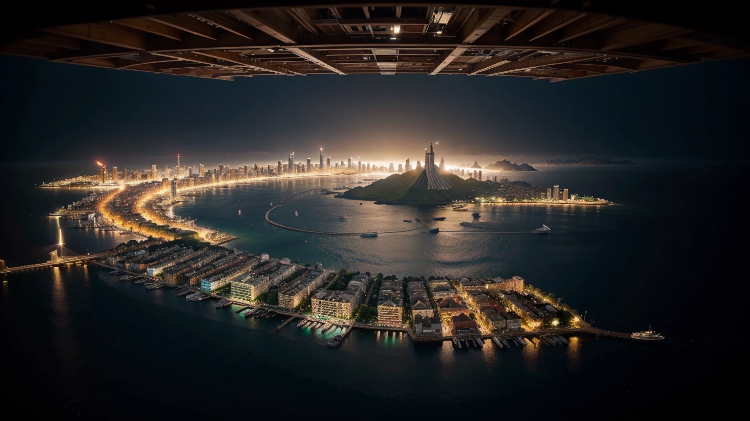 Multiple beautiful islands々With cityscape in the background Parts of islands and buildings、It is collapsing into a network Various types of electron light。entertainment。Circus-like atmosphere。