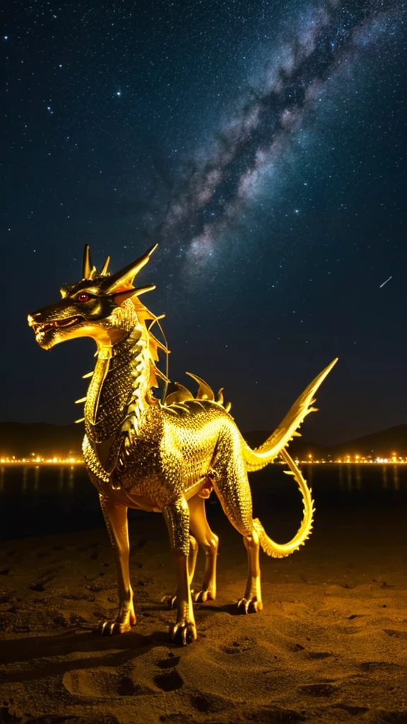 A video of a golden dragon walking in human form under the stars