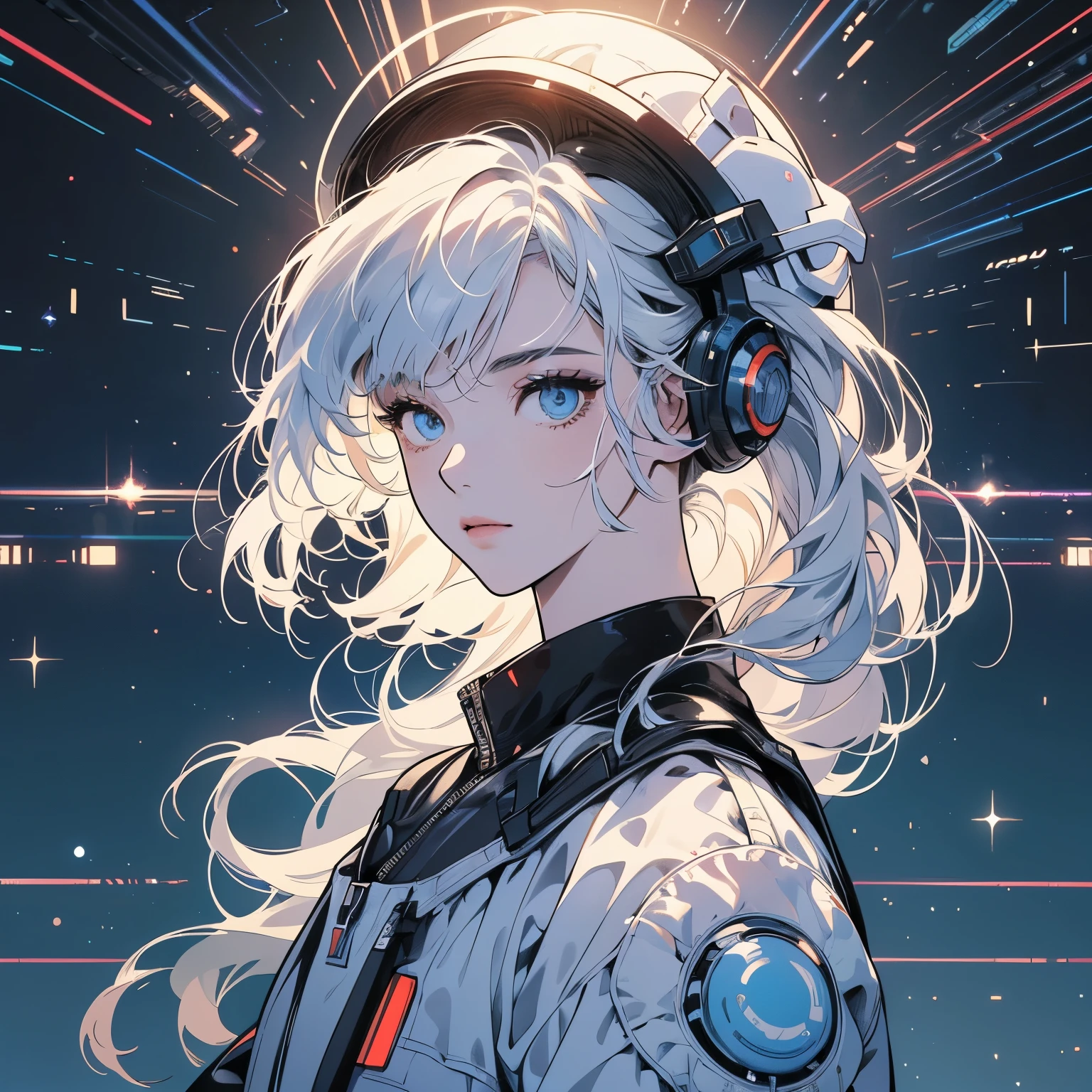 One beautiful woman, inside a spaceship, perfect machine, spacesuit, looking at camera, perfect face, zero gravity, outer space, lots of wires, switchboard, perfect and detailed machine, robot, detailed hair, (((Various angles))), pit, upper body shot, most beautiful woman alive, head shot , Super detailed background, top quality, Unique and beautiful eyes, (((Various unique hairstyles))) Ghost in the Shell, Long shot, Panorama,(((Various hair color))), sparkling eyes,Outer space in the background, Unique and perfect face, Pale Lighting, shoot from above, (((Ultra-detailed Complex design mechanical helmets))),white hair