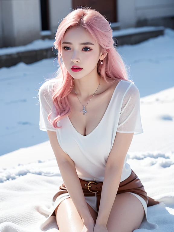 1 girl, Korean model, extremely beautiful, perfect body. Photo taken with Canon EOS R5 85mm f/11 Camera, ((sharp)) mode of people and surrounding scenery. Image quality ((8K)), ((lifelike)), ((masterpiece)), ((sharp and highest contrast)), ((great depth of field)), ((light stereolithography)). ((Cosplay pink hair)), long and smooth, the wind blows it beautifully under the bright sunlight. Beautiful face, perfect and sexy, holy, perfectly balanced, ((beautiful in every detail)), ((shiny)), ((high-end cosmetic makeup)), ((shiny bright, radiant)). Bright smile, pure white teeth and details. Seductive glossy red lips, ((brilliant glossy red lipstick)). The eyes are brown, glossy, seductive, ((sharp makeup)), realistic, ((wet eyes)) and detailed. Pink eyeshadow, long eyelashes, blush, high-end cosmetics. Two delicate eyelids, perfectly beautiful and detailed, black eyelashes. Eyebrows are curved, sparse, sharp and detailed. High and detailed nose. Cheeks are prominent and detailed. ((Ivory white, bright white skin)), detailed pores, ((shiny skin)), smooth, rosy, flawless skin texture. Long, shiny legs. Beautiful, perfect hands, ((no flaws)). ((Light shines directly on the face)), bright sunlight, ((shines light on the front part of the girl's body)). Wear earrings, necklaces, belts, ((shirts)), ((office dresses)), high heels, bracelets. Close-up photo of Girl on a deserted street, ((white snow)), cold wind, frost, bitter cold, numbness, ((frozen)), snowflakes, lonely, magical, dreamy, wait, ((hope)), ((mystical)).