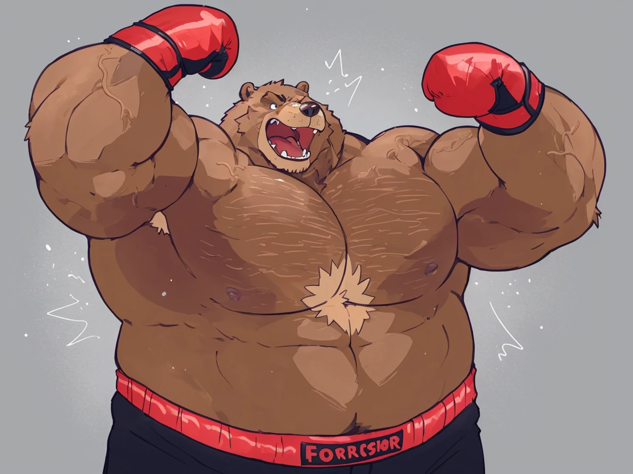 a huge muscular kodiak brown bear, extremely detailed brown fur, powerful pecs, beer belly, veins popping,red boxing gloves, black boxing pants with red line, flexing for boxing victory, masterpiece, 8k, ultra-detailed,realistic,photo-realistic,physically-based rendering,vivid colors