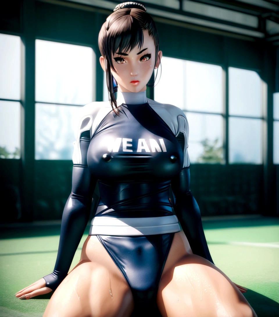 A woman in a wetsuit is sitting on a tennis court, Realistic Anime 3D Style, Gym Chun-Li, a Surreal , Surreal , Perfect body with realistic shading, tits, 3D Anime Real, Photorealistic anime girl rendering, Photorealistic perfect body, biomechanical tits, Realistic Bikini, Rendered with sfm